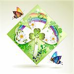 Clover over decorative shapes of paper and colored abstract background with butterflies, rainbow and drops of water