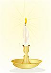 Burning candles and candle holders made   of yellow metal. Illustration on a white background.