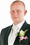 happy groom with flower portrait, cut out from white