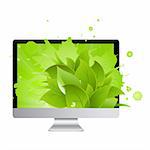 Icon Of Monitor With Leaves, Isolated On White Background, Vector Illustration