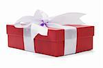 Red gift box with bow ribbon on white background