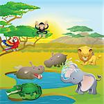 Cute African safari animal cartoon characters scene. Series of three illustrations that can be used separately or side by side to form panoramic landscape.