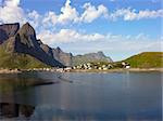 Norway village in Lofoten bay mountain landscape with sea