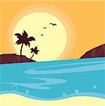 Beach sunset - palm trees against orange sunset. Vector Illustration.