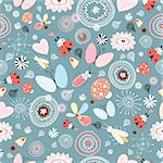 seamless floral pattern with beetles and butterflies on a blue background