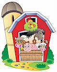 Barn with various farm animals - vector illustration.