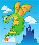 Flying fairy tale dragon near castle - vector illustration.