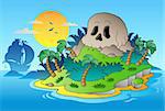 Pirate skull island with ship - vector illustration.