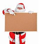 Santa claus and empty bulletin board on white background