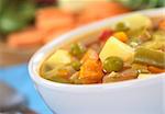 Fresh vegetable soup made of green bean, pea, carrot, potato, red bell pepper and leek in white bowl with ingredients in the back (Selective Focus, Focus on the pea, bean and carrot in the front of the soup)