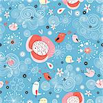 Seamless red floral pattern with birds on a blue background with clouds