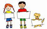 Large cartoon characters: simplisticand colorful line drawings of two smiling kids and their dog holding up blank poster board