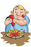 Cartoon of overweight man putting ketchup on his fries. Isolated