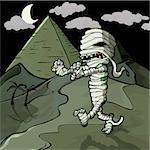 Scary cartoon Egyptian mummy in front of pyramids.
