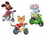 Animals on vehicles. Funny cartoon and vector isolated characters.