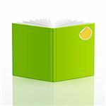 open book with green cover and sticker. Vector illustration.