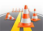 Road with under construction traffic cones. Vector illustration