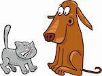 Cartoon illustration of angry kitten and startled dog