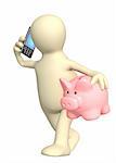 3d puppet with phone and piggy bank. Isolated over white