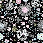 seamless bright floral pattern with birds on a black background