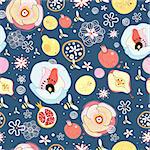 seamless pattern of bright fruit with bees on a dark background