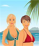 Illustration two girls on the beach - vector