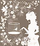 Vintage background with flowers, bird and girl silhouette.