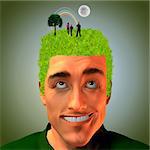 Man with grassy head and standing people