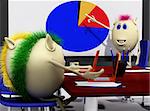 Three puppets discussing over colorful chart on screen