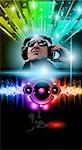 Disco Music Flyer with Disk Jokey Shape and Rainbow lights. Ready for Poster of night event.