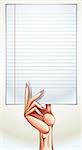 Design background with female hand holding notepad page. Vector illustration.