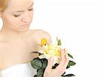Beautiful woman holding yellow rose plant