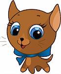 Vector illustration of a brown cute kitten with a bow on his neck
