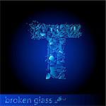 One letter of broken glass - T. Illustration on black background