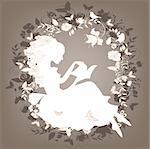 Vintage background with flowers, bird and girl reading book.