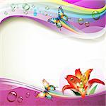 Background with lily, butterflies and drops of water over rainbow