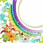 Background with lilies, clover and drops of water over rainbow