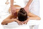 Unrecognizable woman receiving massage relax treatment close-up from male hands