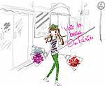 girl shopping with background vector girl  illustration sketch drawing penciled vector