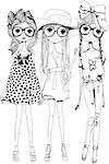 three illustration sisters friends group vector drawing  sketch
