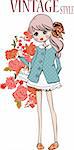 illustration girl flowers pattern vector drawing penciled sketch