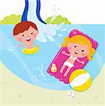 Cute kids in pool with fresh water. Vector Illustration.