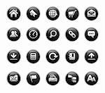 Vector icons set in glossy black buttons.