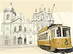 Vector illustration of a typical tramway in front of the church Carmo in Porto - Portugal