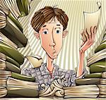 Tired teenager surrounded by lots of books and papers, preparing for exam passing. Education vector illustration.