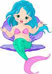 Illustration of a cute baby mermaid girl sitting in the shell