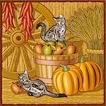 Kittens play in a barn with harvest. Vector illustration in woodcut style with clipping mask.