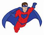 Illustration of  a super hero man dressed in red and blue costume with cape flying through the air