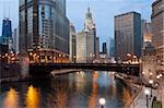 Image of Chicago downtown riverfront at twilight.