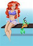 A vector illustration of a red-head woman in bikini at a pool sitting on a board and talking to a fish, which is wearing bikini and swimming goggles.